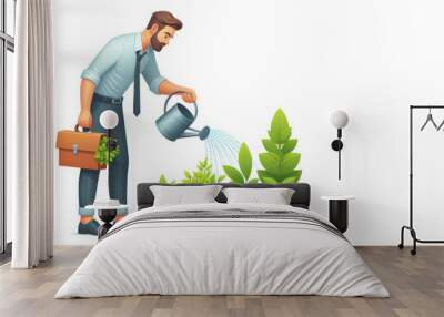 man watering plants isolated on white background Wall mural