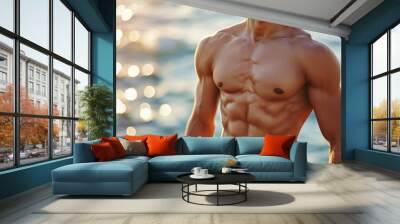 perfect male body with abs on beach blured background. ai generative Wall mural