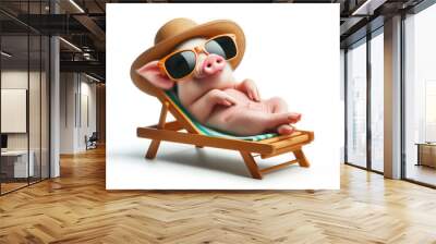 pig with sunglasses sunbathing on sun lounger isolated on white background Wall mural