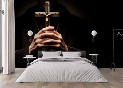 The priest holds the cross on black background. ai generative Wall mural