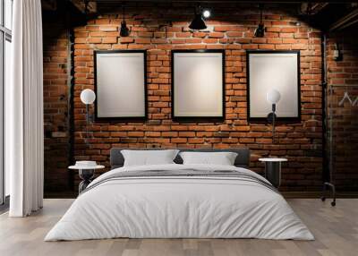 Three black white frames on red brick wall with dramatic lighting Wall mural