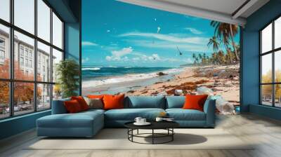 Tropical beach blighted by plastic pollution, urgent need for environmental cleanup. Concept of protecting paradise Wall mural