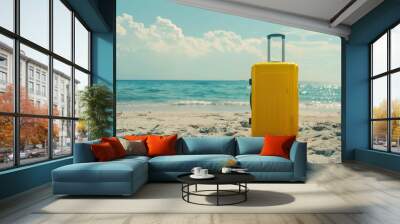 Yellow suitcase stands on the beach against the background of the sea, Travel summer vacation concept Wall mural