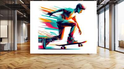 Young man skate Riding abstract style colorful Isolated on white background Wall mural