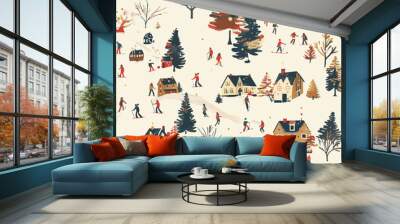 
a New Year's pattern with a winter landscape. print with houses and people who ski. winter day, Christmas holidays Wall mural