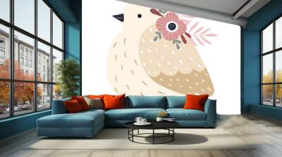 Illustration of a cute pink bird, robin with flowers in cartoon style Wall mural