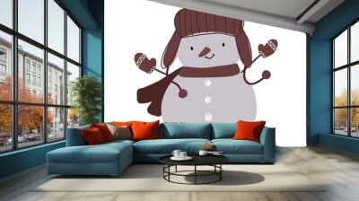 Merry Christmas snowman in brown hat, mittens and scarf, vector illustrations Wall mural