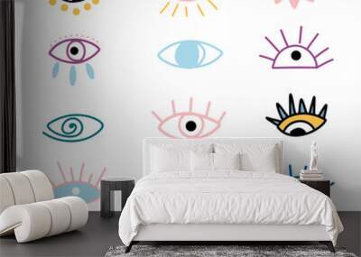 Set of magic evil eyes in cartoon style, vector illustration different talismans Wall mural