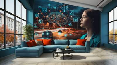 Swedish intelligence and IoT automation in digital transformation A person using a virtual interface to engage with AI (Artificial Intelligence) systems, neural networks, and machi Wall mural