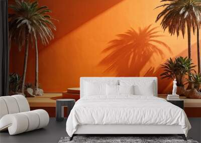 Empty podium for demonstration and installation of product on orange background with palm trees and tropical plants and sunlight, on theme of relaxation and travel to tropics, summer, beach resort. Wall mural