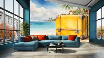 Watercolour Illustration yellow suitcase on a tropical resort is trip to the sea and beach in a warm summer climate, a vacation tour in hotel. Wall mural