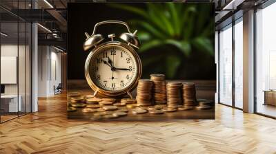 Alarm clock and coins - investment of time Wall mural