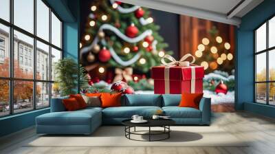 Christmas and New Year background with red gift box, decorated ribbons, cones, bokeh lights and Christmas tree in room Wall mural