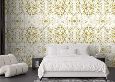 Luxurious golden wallpaper. Golden flowers seamless pattern on white background. Ornament, Traditional, Ethnic, Arabic, Turkish, Indian motifs. Great for fabric and textile, wallpaper, packaging desi Wall mural