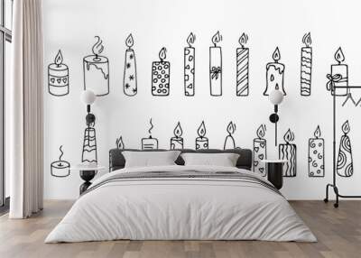 Doodle candles set.Decoration for birthday party or romantic dinner for Valentine's Day.Festive hand-drawn collection candlelight with wick and wax.Elements for creating holiday atmosphere.Isolated Wall mural