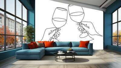 Hand drawn wine clinking glasses one line art,continuous drawing contour.Cheers toast festive decoration for holidays,romantic Valentine's Day design.Editable stroke. Isolated.Vector Wall mural