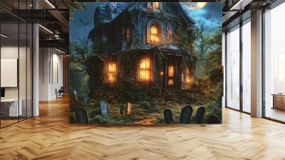 Cartoon Halloween haunted house at night Wall mural