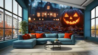 Halloween concept with haunted house and pumpkin Wall mural