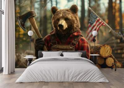 labor day concept with lumberjack bear Wall mural