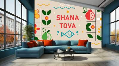 Jewish holiday Rosh Hashana, greeting card in minimalistic style. Jewish traditional greetings shana tova. Pomegranate, apple, fish, honey and flowers. Vector illustration Wall mural