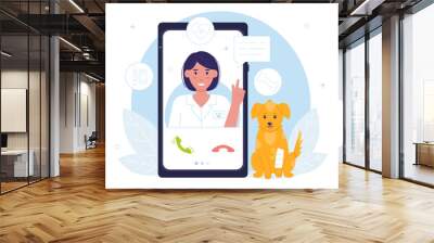 Online consultation with a veterinarian for pets. Female veterinarian treats an animal. Medical diagnostics of animals. Vector illustration Wall mural