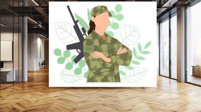 Woman in military clothes on a background of green leaves with a weapon. Young girl in an army soldier's suit. Vector illustration Wall mural