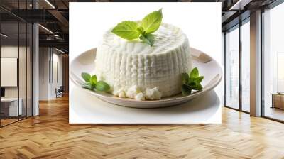 ricotta with fresh mint leaves on a plate, isolated on white Wall mural