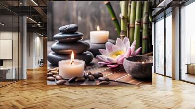 
Spa still life with lotus flower, stones and candles on wooden background
 Wall mural