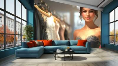 A fair-skinned French woman with dark brown hair working in a high-end fashion boutique, recommending elegant evening gowns to her clientele. Wall mural