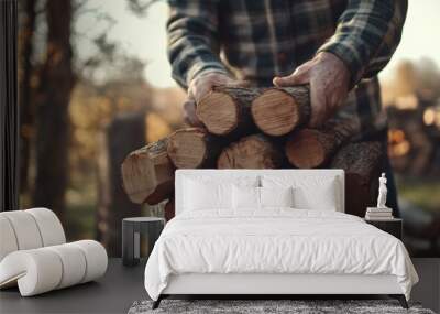 A low-angle view of someone loading logs onto the firewood rack, with the background softly blurred for context. Wall mural