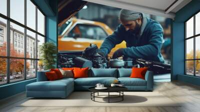 A slender Middle Eastern male mechanic with a headscarf, inspecting the engine of a vintage car in a custom garage. Wall mural