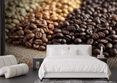 Macro shot of single-origin coffee beans from different regions, arranged by color and roast level, placed on a burlap sack. Wall mural