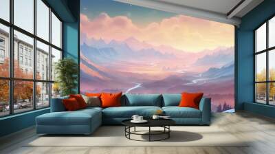 A beautiful mountain landscape with a river running through it. The sky is a mix of pink and blue, creating a serene and peaceful atmosphere Wall mural