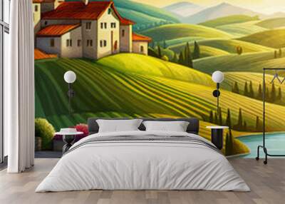 Italy landscape with houses, fields, and trees in the background. Vector illustration. Flat design poster. European Wall mural