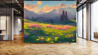 Print Panorama View of Spring Village with Green Meadow on Hills with Blue Sky, Vector Cartoon Spring or Summer Landscape Wall mural