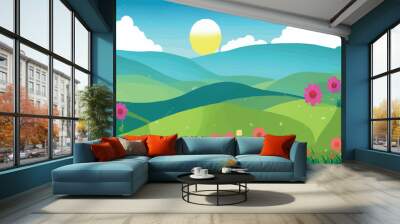 Spring village panorama with green meadow on hills with blue sky, vector summer or spring landscape, panoramic village landscape Green field with herbaceous flowers on mountains and farm house. Wall mural