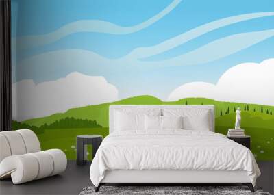 Beautiful rural landscape with field, hills, forest and sky with clouds. Color vector illustration of a flat style for a banner. Wall mural