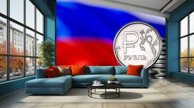 metallic Russian ruble on the background of a blurred Russian flag Wall mural