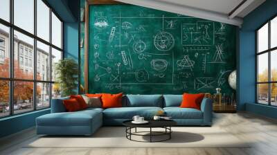 A classic green chalkboard is densely packed with white chalk illustrations of various scientific concepts, geometric shapes, and mathematical formulas, giving a scholarly vibe. Wall mural