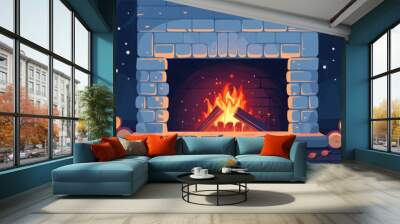 A cozy fireplace with crackling flames and stacked firewood nearby. Vector flat minimalistic isolated illustration. Wall mural