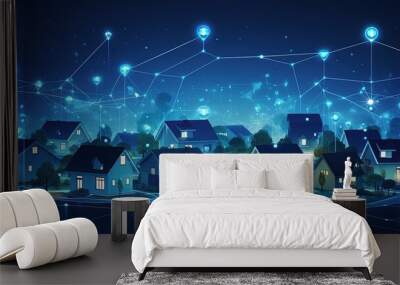 A peace ful digital suburban community, smart homes and digital community. DX, Iot, digital network in society concept. suburban houses at night. Wall mural