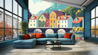 A tranquil riverside town with colorful houses and a stone bridge over the water. Vector flat minimalistic isolated illustration. Wall mural