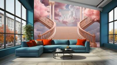 A vivid sky of billowing clouds creates a breathtaking backdrop for the striking pink stairway with arched doorways, forming an ethereal work of art Wall mural