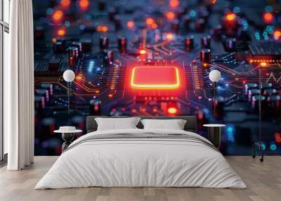 abstract illustration of colorful neon circuit with glowing orange lamp on black surface Wall mural