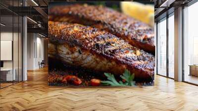 Blackened catfish with Cajun spices, 4K hyperrealistic photo Wall mural