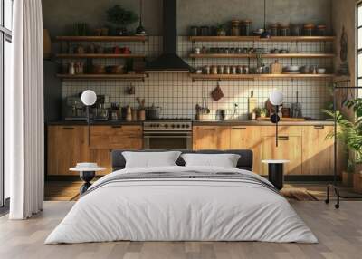 Bohemian kitchen with an empty wall grid. Wall mural