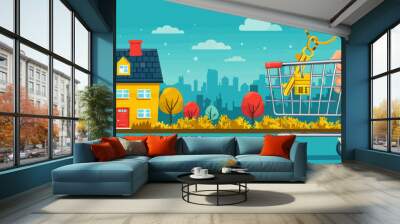 Buying house, new home. Mortgage concept. Investment in real estate, property. Hand holding a key with a ring, house in the shopping cart. Vector flat minimalistic isolated illustration Wall mural