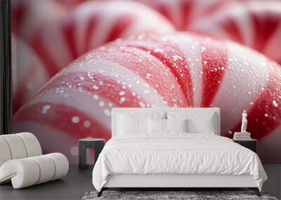 Close-up of a candy cane, with its smooth, glossy surface and vibrant red-and-white stripes creating a festive texture. 4K hyperrealistic photo. Wall mural