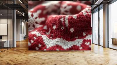 Close-up of a knitted Christmas sweater with intricate, festive patterns and soft woolen texture, capturing the warmth and coziness. 4K hyperrealistic photo. Wall mural