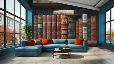 Collection of antique books displayed on a shelf, 4K hyperrealistic photo Wall mural